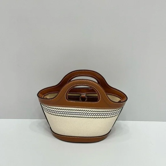 Marni Mini Canvas Tote with Tan Leather Trim and Red Logo - Picture 4 of 7